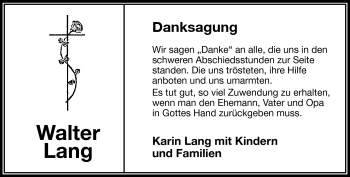 Traueranzeige von Walter Lang von Frankenpost