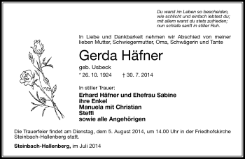 Traueranzeige von Gerda Häfner von Südthüringer Presse