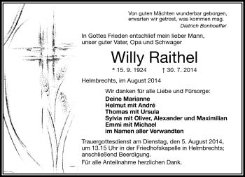 Traueranzeige von Willy Raithel von Frankenpost