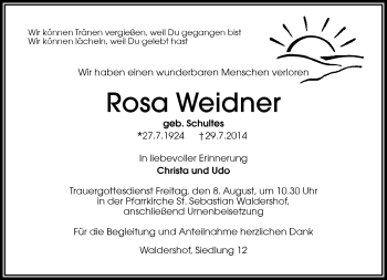 Traueranzeige von Rosa Weidner von Frankenpost