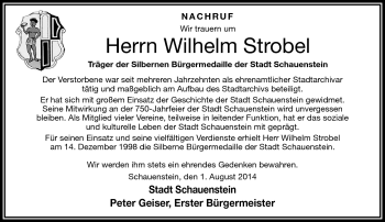 Traueranzeige von Wilhelm Strobel von Frankenpost