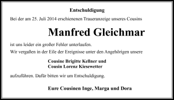 Traueranzeige von Manfred Gleichmar von Südthüringer Presse