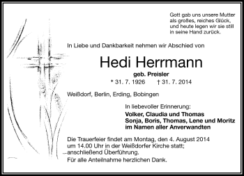 Traueranzeige von Hedi Herrmann von Frankenpost