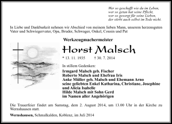 Traueranzeige von Horst Malsch von Südthüringer Presse