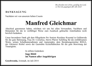Traueranzeige von Manfred Gleichmar von Südthüringer Presse