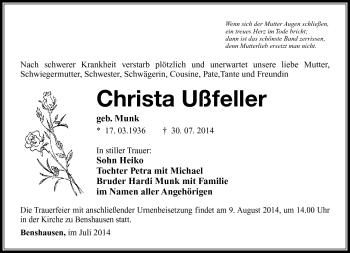 Traueranzeige von Christa Ußfeller von Südthüringer Presse