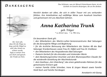 Traueranzeige von Anna Katharina Trunk von Südthüringer Presse