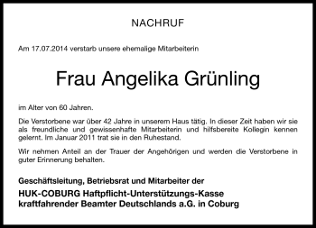 Traueranzeige von Angelika Grünling von Neue Presse Coburg