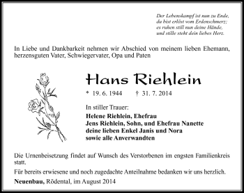 Traueranzeige von Hans Riehlein von Südthüringer Presse