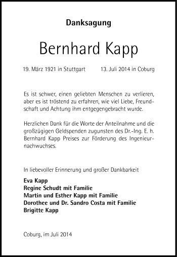 Traueranzeige von Bernhard Kapp von Neue Presse Coburg