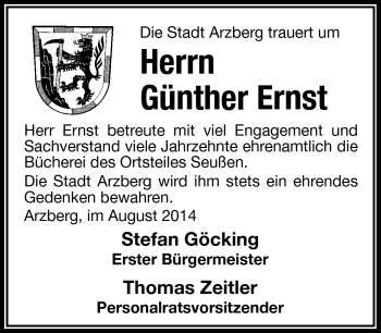 Traueranzeige von Günther Ernst von Frankenpost