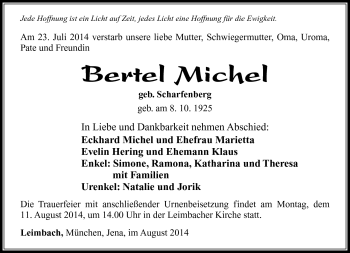 Traueranzeige von Bertel Michel von Südthüringer Presse