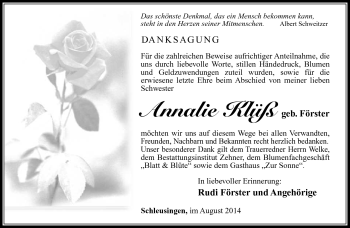 Traueranzeige von Annalie Klüß von Südthüringer Presse