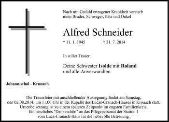 Traueranzeige von Alfred Schneider von Neue Presse Coburg