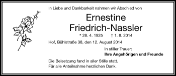 Traueranzeige von Ernestine Friedrich-Nassler von Frankenpost
