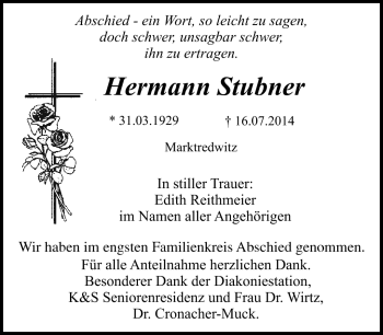 Traueranzeige von Hermann Stubner von Frankenpost
