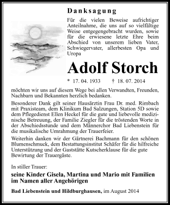 Traueranzeige von Adolf Storch von Südthüringer Presse