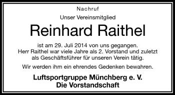 Traueranzeige von Reinhard Raithel von Frankenpost