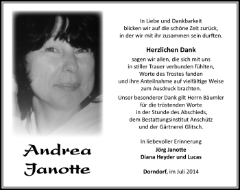 Traueranzeige von Andrea Janotte von Südthüringer Presse