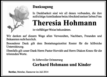 Traueranzeige von Theresia Hohmann von Südthüringer Presse