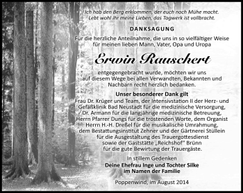 Traueranzeige von Erwin Rauschert von Südthüringer Presse
