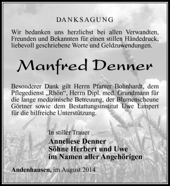 Traueranzeige von Manfred Denner von Südthüringer Presse