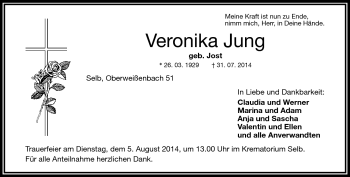 Traueranzeige von Veronika Jung von Frankenpost