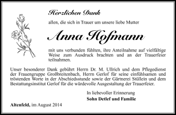 Traueranzeige von Anna Hofmann von Südthüringer Presse