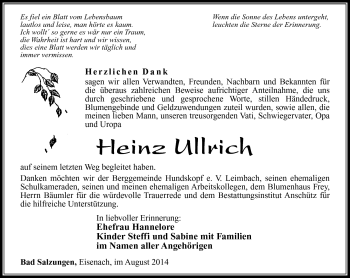 Traueranzeige von Heinz Ullrich von Südthüringer Presse