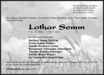 Traueranzeige von Lothar Semm von Südthüringer Presse