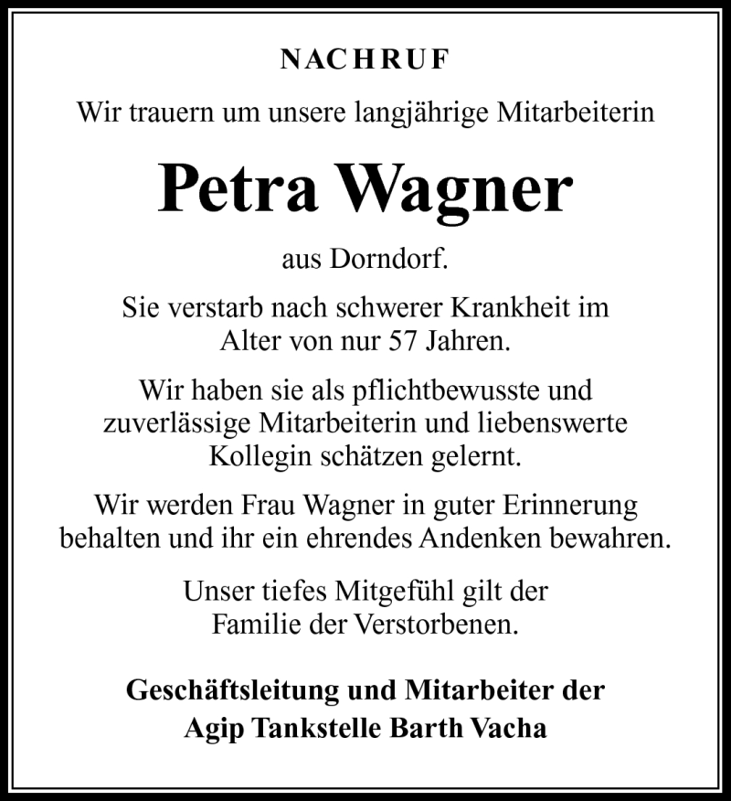  Traueranzeige für Petra Wagner vom 05.08.2014 aus Südthüringer Presse