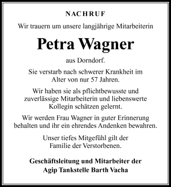 Traueranzeige von Petra Wagner von Südthüringer Presse