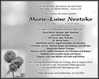 Traueranzeige von Marie-Luise Neetzke von Südthüringer Presse