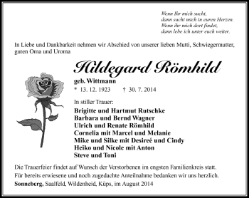 Traueranzeige von Hildegard Römhild von Südthüringer Presse
