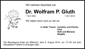 Traueranzeige von Wolfram P. Gluth von Frankenpost