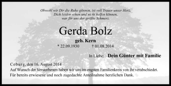Traueranzeige von Gerda Bolz von Neue Presse Coburg