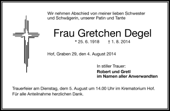 Traueranzeige von Gretchen Degel von Frankenpost