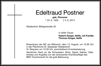Traueranzeige von Edeltraud Postner von Frankenpost