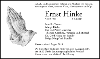 Traueranzeige von Ernst Hinke von Neue Presse Coburg