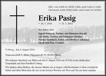 Traueranzeige von Erika Pasig von Neue Presse Coburg