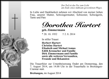 Traueranzeige von Dorothea Hartert von Südthüringer Presse