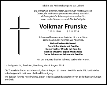 Traueranzeige von Volkmar Frunske von Neue Presse Coburg