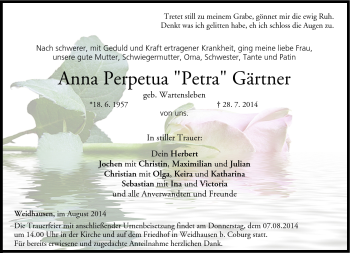 Traueranzeige von Anna Perpetua Petra Gärtner von Neue Presse Coburg