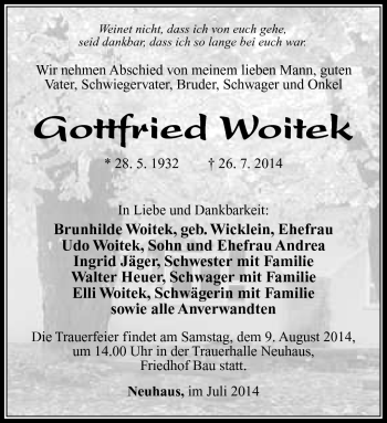 Traueranzeige von Gottfried Woitek von Südthüringer Presse