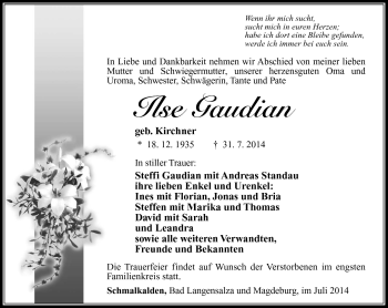 Traueranzeige von Ilse Gaudian von Südthüringer Presse