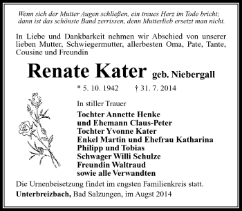 Traueranzeige von Renate Kater von Südthüringer Presse