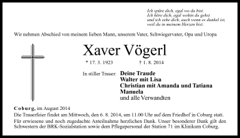 Traueranzeige von Xaver Vögerl von Neue Presse Coburg