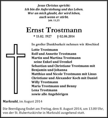 Traueranzeige von Ernst Trostmann von Südthüringer Presse