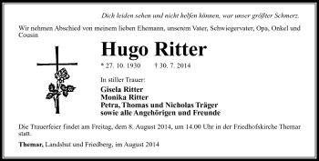 Traueranzeige von Hugo Ritter von Südthüringer Presse