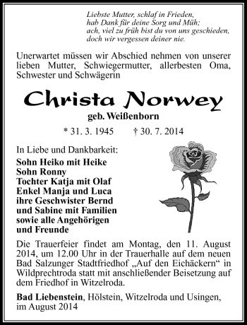 Traueranzeige von Christa Norwey von Südthüringer Presse